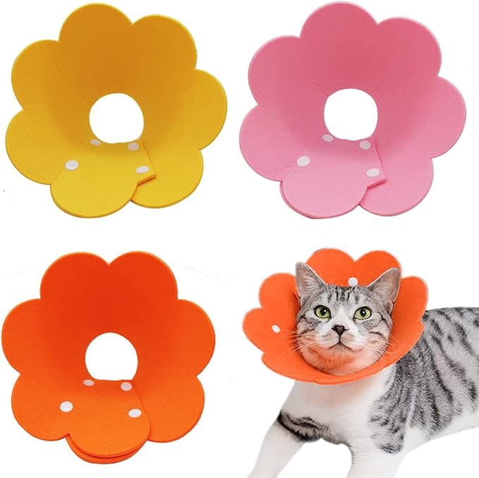 3-Piece Cat Recovery Collar Set - Sunflower Neck Cat Cone Anti-Licking Collars to Prevent Biting &amp; Scratching (Pink, Orange, Yellow, S)