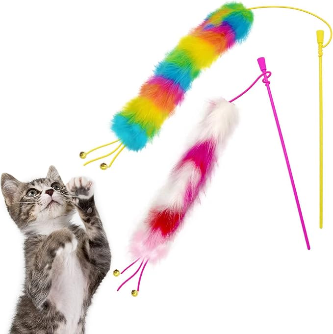 2 Pack Cat Wand Toy, Rainbow Cat Feather Toys with Bells, Teaser Wand with Soft Furry Tail, Interactive Toys for Indoor Cats &amp; Kitten &amp; Kitty