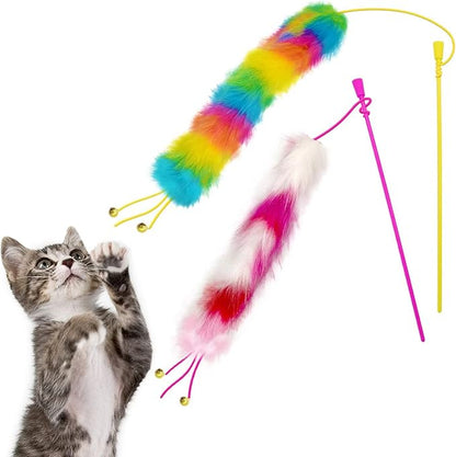 2 Pack Cat Wand Toy, Rainbow Cat Feather Toys with Bells, Teaser Wand with Soft Furry Tail, Interactive Toys for Indoor Cats &amp; Kitten &amp; Kitty