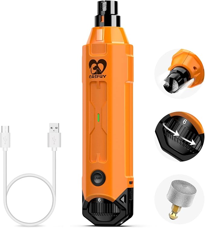 Casfuy 6-Speed Dog Nail Grinder - Newest Enhanced Pet Nail Grinder Super Quiet Rechargeable Electric Dog Nail Trimmer Painless Paws Grooming &amp; Smoothing Tool for Large Medium Small Dogs (Orange)
