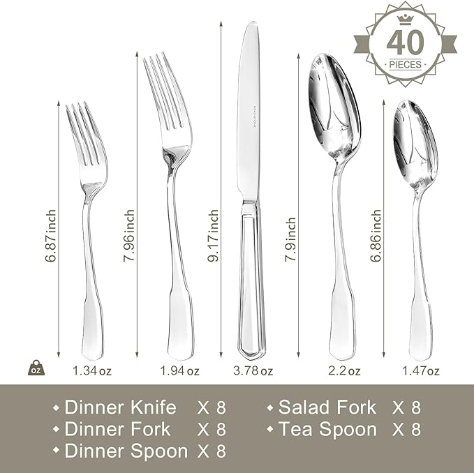 HIKAA Premium Silverware Set, Stainless Steel Flatware Set with Wide-Based Handles for Comfort &amp; Durability, Forks &amp; Spoons Cutlery Silverware Set (40PCS)