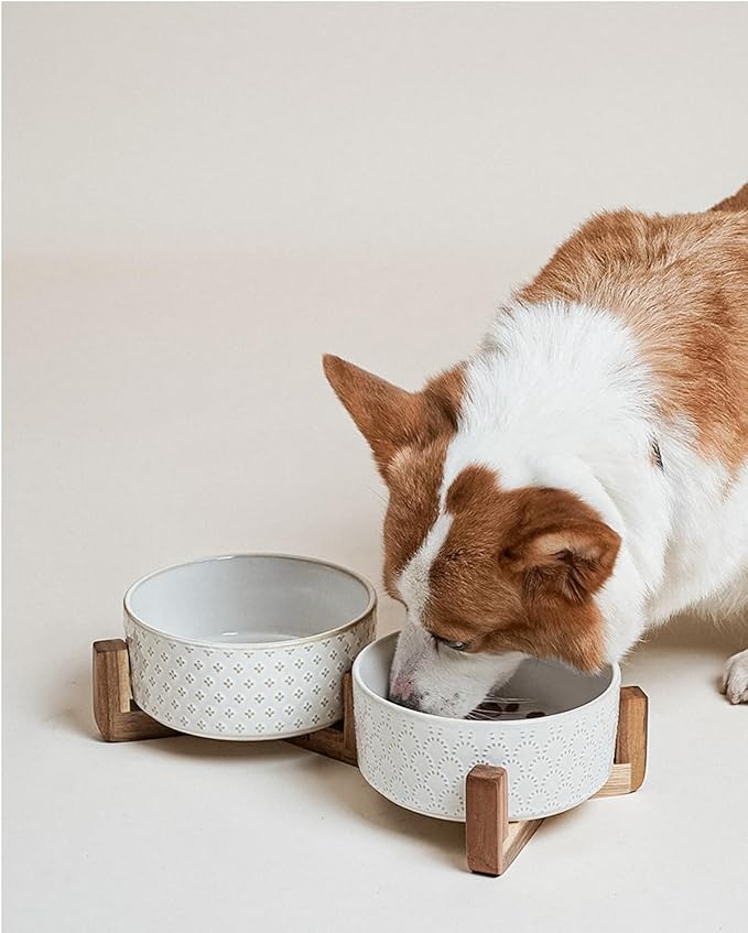 LE TAUCI Ceramic Dog Bowls with Acacia Wood Stand - 7 Inch Food &amp; Water Set for Medium-Large Dogs - Weighted Pet Bowls