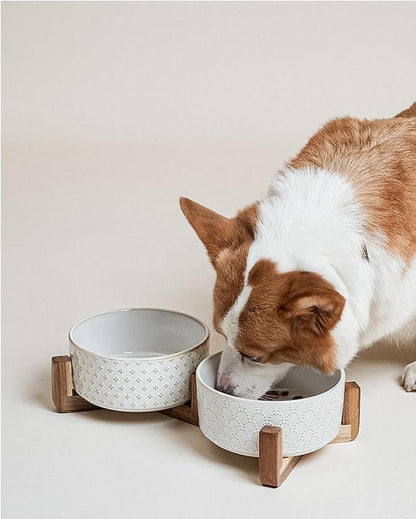 LE TAUCI Ceramic Dog Bowls with Acacia Wood Stand - 7 Inch Food &amp; Water Set for Medium-Large Dogs - Weighted Pet Bowls