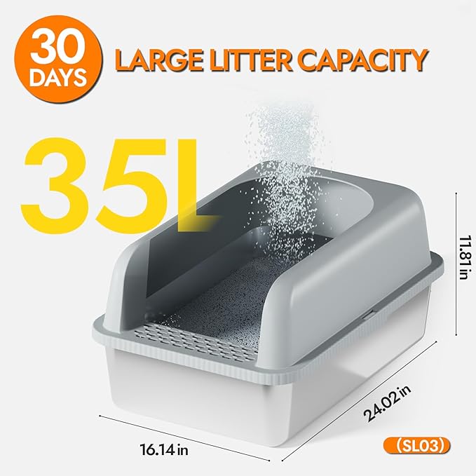 Stainless Steel Cat Litter Box with Lid, 24" L x 16" W x 11.8" H, Large Cat Litter Box for Multiple Cats with High Sided, No-Leak &amp; Stick, Easy to Clean, Includes Litter Mat &amp; Multi Functional Scoop