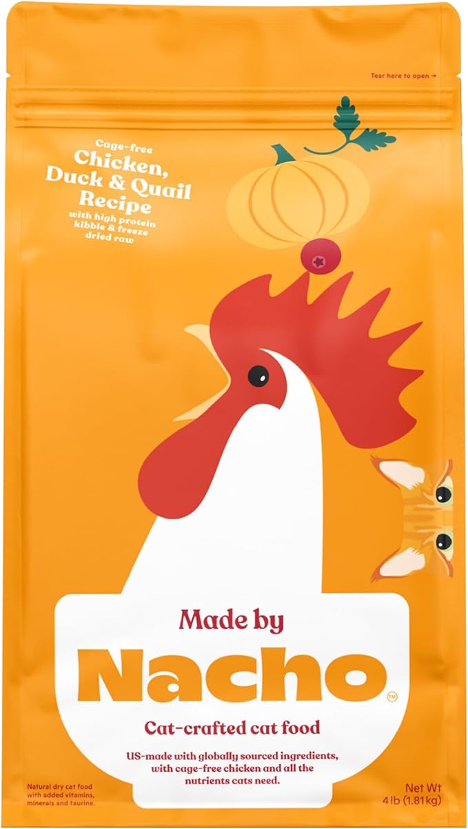 Made by Nacho Dry Cat Kibble 4lb Bag, High Protein Premium Cat Food with Freeze Dried Pieces, Cage-Free Chicken &amp; Duck, Limited Ingredients, Single Bag