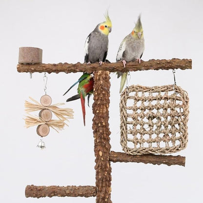 Natural Wood Parrot Stand - Ideal Toy &amp; Accessory for Parakeets, Canaries, Cockatiels, Conure, Lovebirds - Bird Perch Stand with Removable Tray Climbing Net Chewing Toys- Perfect Pet Birds Playstand