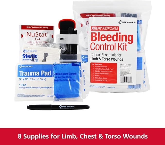 First Aid Only 91134 Critical Essentials Bleeding Control Kit for Limb &amp; Torso Wounds, 8 Pieces