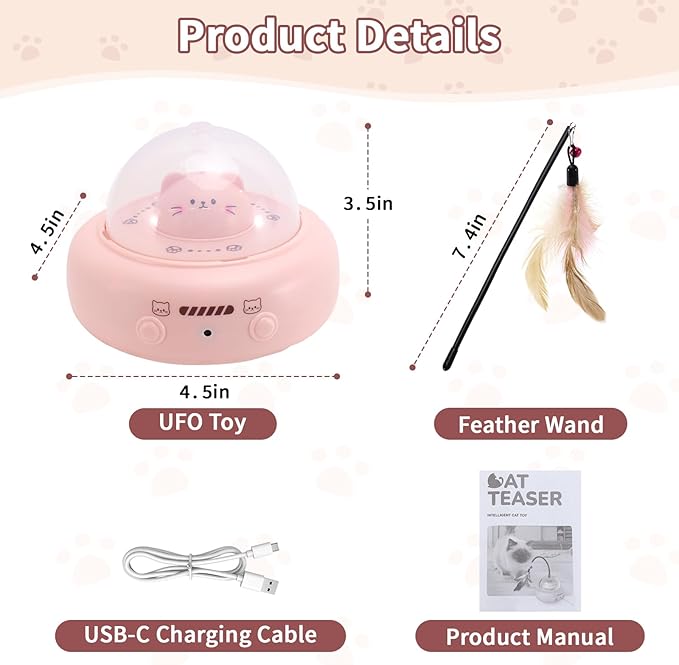 Automatic Cat Toys with Feathers, Interactive Cat Toy for Indoor Exercise, Rechargeable Teasing Toys for Indoor Cats, USB Powered, Smart Standby&amp;Obstacle Avoidance(Pink)