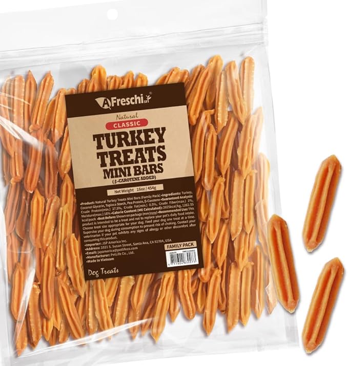 Afreschi Natural Turkey Treats Mini Bars – 16 oz, USA-Sourced Trukey, All-Natural, Hypoallergenic, Low-Fat, Healthy &amp; Easily Digestible, Puppy &amp; Training Snack