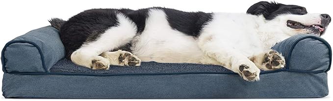 Furhaven Cooling Gel Dog Bed for Large/Medium Dogs w/ Removable Bolsters &amp; Washable Cover, For Dogs Up to 55 lbs - Sherpa &amp; Chenille Sofa - Orion Blue, Large