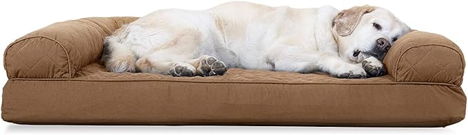 Furhaven Cooling Gel Dog Bed for Large Dogs w/ Removable Bolsters &amp; Washable Cover, For Dogs Up to 95 lbs - Quilted Sofa - Toasted Brown, Jumbo/XL