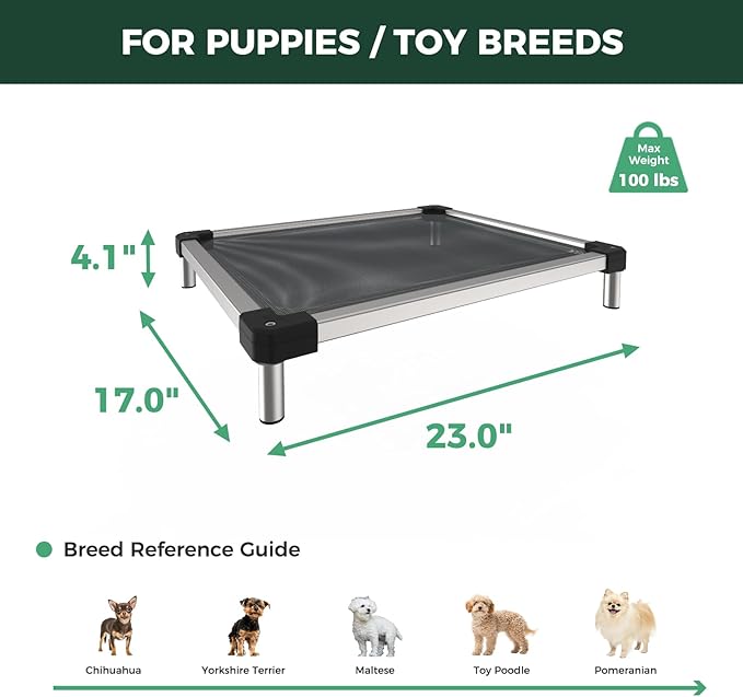 FXW TitanNest Chew-Proof Elevated Dog Bed, Raised Cot for Indoor/Outdoor/Camping Use, Durable &amp; Waterproof Cooling Pet Bed for Toy Dogs, 23.0" L x 17.0" W x 4.5" H, Black
