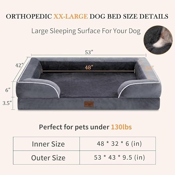 Comfort Expression Waterproof Orthopedic Foam Dog Beds, XXL Orthopedic Dog Beds for Extra Large Dogs, Washable Pet Sofa Bed with Removable Cover &amp; Non-Slip Bottom(XX-Large,Dark Grey)