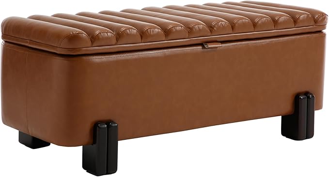 Kmax 45" Storage Bench PU Leather Entryway Bench Upholstered Ottoman Bench with Wavy Top &amp; Safty Hinge for Bedroom Living Room Hallway, Brown