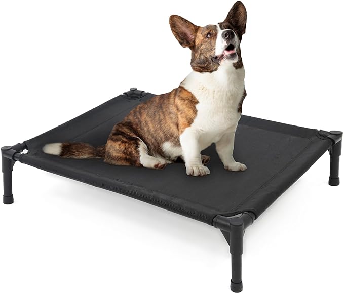 Elevated Dog Bed for Medium Dogs, Raised Dog Cot Beds Fits Up to 150 LBs, Heavy Duty Pet Cots with Durable Supportive Teslin Recyclable Washable Mesh, Indoor &amp; Outdoor Dog Bed, Black