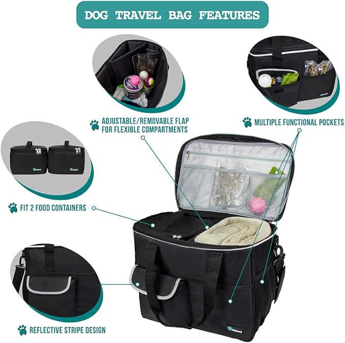 PetAmi Dog Travel Bag - Organizer with Food Container, Bowls &amp; Accessories for Weekend Camping, Cat Diaper Bag (Black, Large)