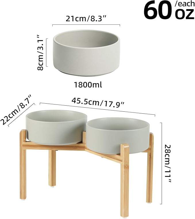 Ceramic Raised Double Bowls Set with Stand, Food &amp; Water Bowls for Large Breed Dogs, Weighted Dog Dishes, Pet Bowl(8.2&