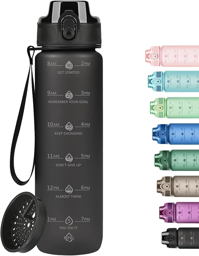 32oz Motivational Water Bottles with Time Marker &amp; Fruit Strainer, Transparent Gradient Color Water Bottle with Times to Drink, Leakproof &amp; BPA Free, Reusable Bottle with Strap (No Straw)