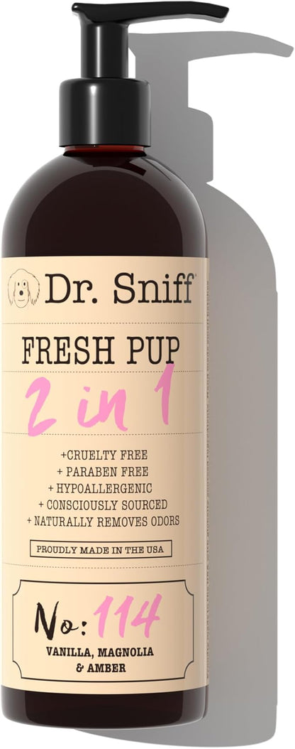 Dr. Sniff 2-in-1 Pet Shampoo &amp; Conditioner, Ultimate Grooming Treatment for Dog &amp; Cat Hair, Freshens Scent, Made in The USA, Fresh Pup Scent, 16 Oz