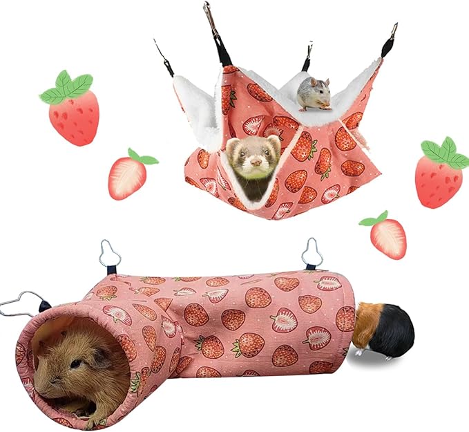LYART Guinea Pig Rat Ferret Hammock &amp; Warm Bed - Small Pet Hideout Tunnel Cave Hanging Bunkbed - Sugar Glider Squirrel (1.Hammock &amp; Corner Tunnel)