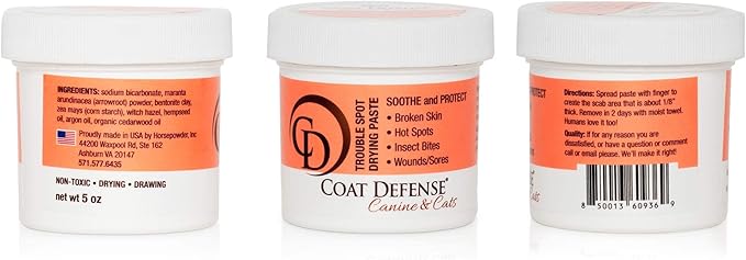 COAT DEFENSE Trouble Spot Drying Paste - Made in USA - 5 Oz Dog &amp; Cat Skin Care, Itchy Skin &amp; Allergies, Alleviates Hot Spots for Dogs &amp; Cats, Insect Bites Relief &amp; Dog Wound Care
