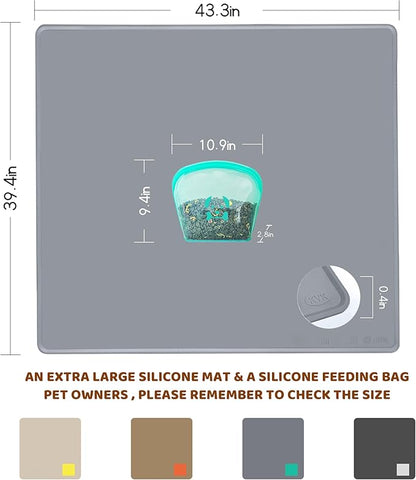 KVK Extra Extra Large Silicone Dog Food Mat 39.4×43.3in and 128oz Silicone Bag Set, Super Size Waterproof Pet Feeding Mat &amp; Container, Non-Slip, Chew-Resistant Floor Protection (Cool Grey&amp;Teal)
