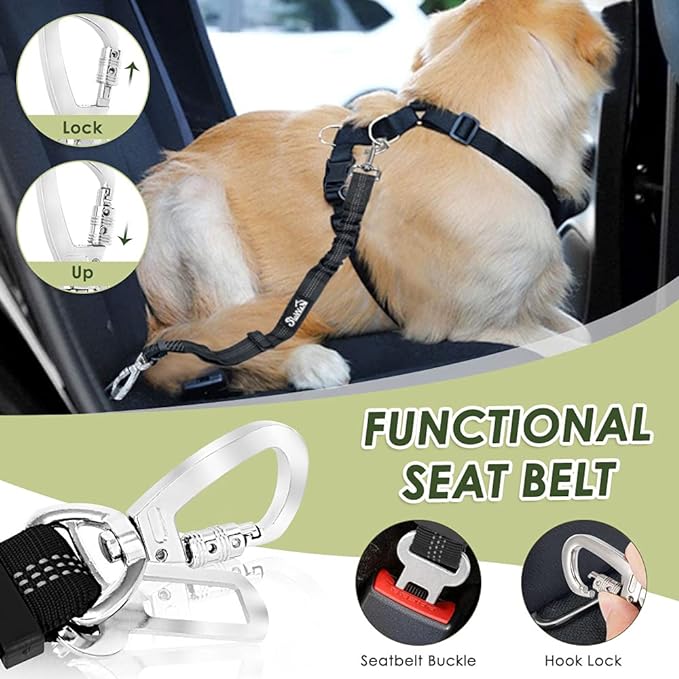 SlowTon Dog Seat Belt Harness for Car, Dog Car Harness Adjustable Mesh Breathable &amp; Dog Seatbelt Safety Tether with Elastic Bungee for Small Medium Large Pets(Black, Double Clip, L)
