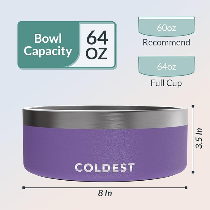 Coldest Dog Bowl - Anti Rust Metal, Non Slip, 3 Layers Insulated Stainless Steel Dog Bowls - Spill Proof &amp; Heavy Duty - Water Bowl for Dogs, Cats &amp; Pets, Dish Washer Safe (64 oz, Galaxy Purple)