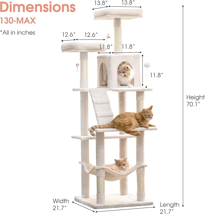 MWPO 70.1-Inch Large Cat Tree, Multi-Level Tall Cat Tower for Indoor Cats, Plush Cat Condo with Big Padded Perches, Sisal-Covered Scratching Posts, Hammock, Toys for Kittens &amp; Cats - Beige
