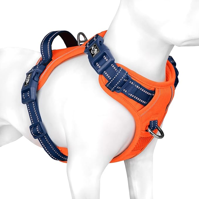 PHOEPET No Pull Dog Harness, Unique Colors Reflective Adjustable Dog Vest, with Soft Training Handle Metal Clips for Small Medium Large Dogs (Orange Base &amp; Blue Straps,M)