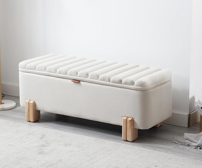 Kmax 45" Storage Bench Linen Entryway Bench Upholstered Ottoman Bench with Wavy Top &amp; Safty Hinge for Bedroom Living Room Hallway, Beige