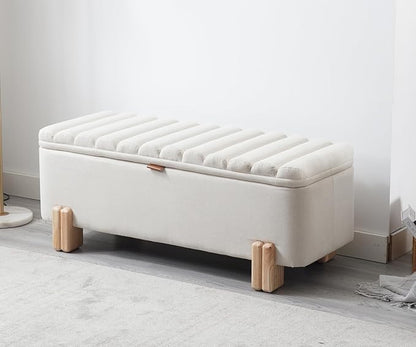 Kmax 45" Storage Bench Linen Entryway Bench Upholstered Ottoman Bench with Wavy Top &amp; Safty Hinge for Bedroom Living Room Hallway, Beige