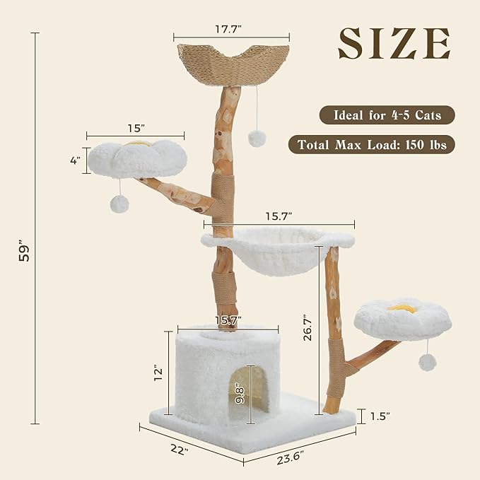 59" Modern Cat Tree Tower for Large Cats w/2 Flower Perches-Natural Solid Wood Scratching Post with Real Branch-Luxury Boho Cat Furniture w/Condo &amp; Wicker Basket Bed, Cloud White