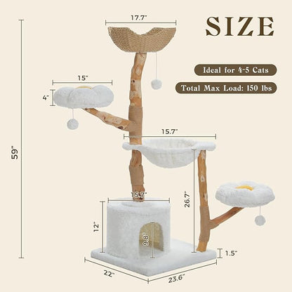 59" Modern Cat Tree Tower for Large Cats w/2 Flower Perches-Natural Solid Wood Scratching Post with Real Branch-Luxury Boho Cat Furniture w/Condo &amp; Wicker Basket Bed, Cloud White