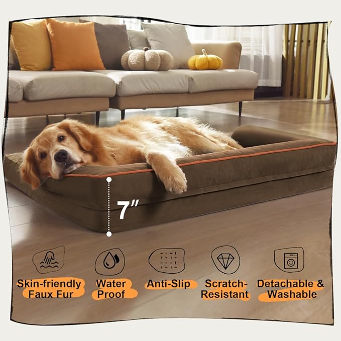 Large Dog Bed Orthopedic Washable: Extra Brown Large Big Dog Bed with Removable Bolster &amp; Memory Foam Couch Sofa - Waterproof Washable with Cover