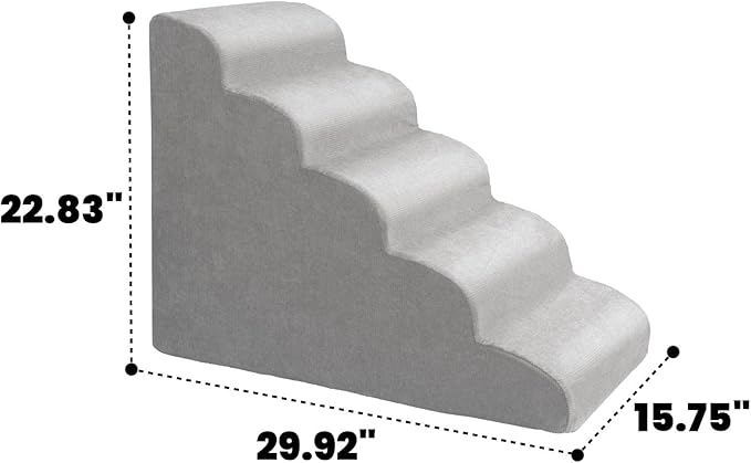 MEWANG Dog Stairs for Small &amp; Medium Dogs and Old Cats –3/4/ 5 Steps High-Density Foam Pet Ramp for Bed &amp; Couch, Non-Slip, Washable Cover, Grey (Round Corner, 5 Steps: 29.92&