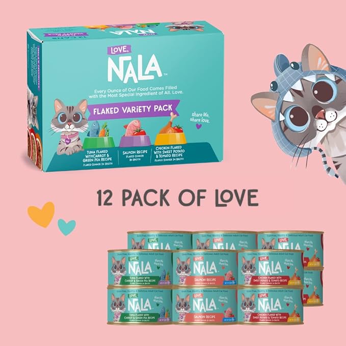 LOVE, NALA - Natural Adult Cat Wet Food - FLAKED Variety Pack - Salmon, Tuna, Chicken - Grain Free, Non-GMO, Lean Protein, Omega 3, Digestive Fiber Blend, Added Minerals &amp; Vitamins - 12 Pack
