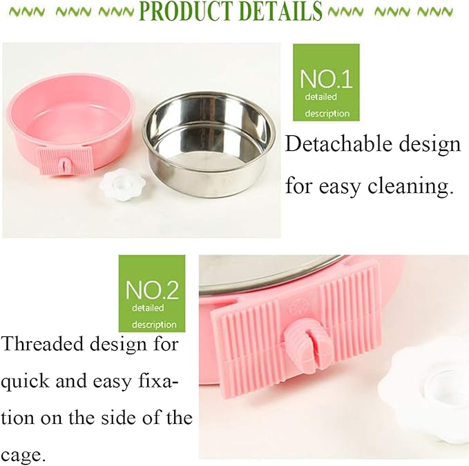 kathson Crate Dog Bowl, Removable Stainless Steel Hanging Pet Cage Bowl Food &amp; Water Feeder Coop Cup for Cat, Puppy, Birds, Rats, Guinea Pigs 2pcs(Blue,Pink)