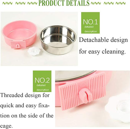 kathson Crate Dog Bowl, Removable Stainless Steel Hanging Pet Cage Bowl Food &amp; Water Feeder Coop Cup for Cat, Puppy, Birds, Rats, Guinea Pigs 2pcs(Blue,Pink)