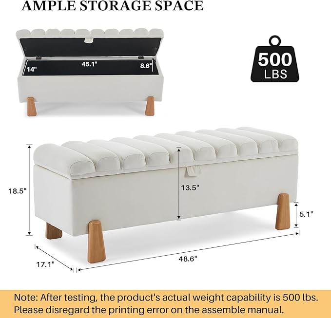 Storage Ottoman Bench for Bedroom Small Spaces 48.6 Inch with Hinged Lid Solid Wood Tapered Legs Tufted Upholstered Fabric for Living Room &amp; Bedroom, Beige