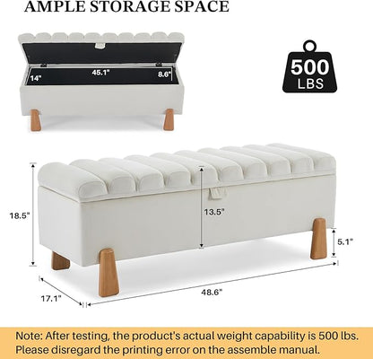 Storage Ottoman Bench for Bedroom Small Spaces 48.6 Inch with Hinged Lid Solid Wood Tapered Legs Tufted Upholstered Fabric for Living Room &amp; Bedroom, Beige