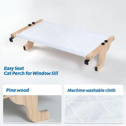 Easy Seat Cat Perch for Window Sill - Hammock Design w/Pine Wood &amp; Robust Metal Frame - Cat Window Seat for Large Cats and Kittens (Natural Color Wood w/White Bed, Medium (23&