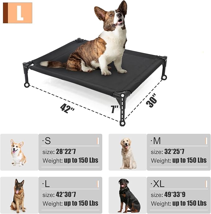 Elevated Dog Bed for Large Dogs, Raised Dog Cot Fits Up to 120 LBs, Heavy Duty Pet Cots with Durable Supportive Teslin Recyclable Washable Mesh, Indoor &amp; Outdoor Pet Bed, Black