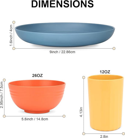 HOTEC 20-Pack Unbreakable Kitchen Plastic Wheat Straw Dinnerware Set – BPA-Free Plates, Bowls &amp; Cups | Lightweight, Microwave &amp; Dishwasher Safe | Multicolor Reusable Tableware for Home &amp; Outdoor Use