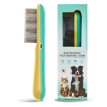 Premium Flea Comb for Dogs &amp; Cats with Long Hair - 3-Row Stainless Steel Detection Tool with Manual Cleaning Brush | Electric Negative Ion Grooming Comb for Shaggy Dogs, Cats and Long-haired Animals