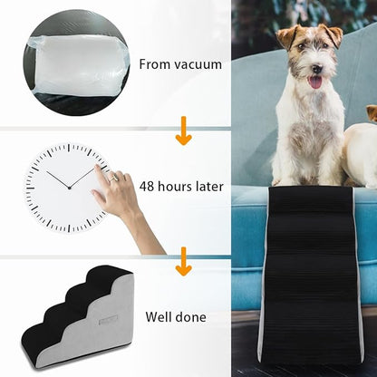High Density Foam Dog Stairs Steps, Non-Slip Extra Wide Deep Pet Steps for Beds Or Couches, for Injured or Older Pets Dogs and Cats with Joint Pain (4-Tiers (Black))