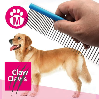 Greyhound Oval Grooming Comb – Aluminum handle, Stainless Steel Teeth Comb for Long-Haired Dogs &amp; Cats, Removes Mats, Tangles, and Loose Fur – Lightweight for Deshedding (Silver/Blue, 9.8")