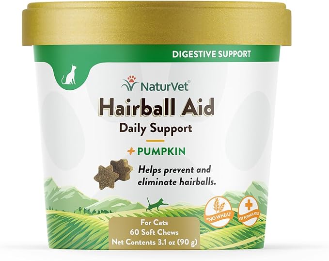 NaturVet – Hairball Aid Supplement for Cats - Plus Pumpkin – Helps Eliminate &amp; Prevent Hairballs – 60 Soft Chews