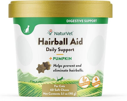 NaturVet – Hairball Aid Supplement for Cats - Plus Pumpkin – Helps Eliminate &amp; Prevent Hairballs – 60 Soft Chews