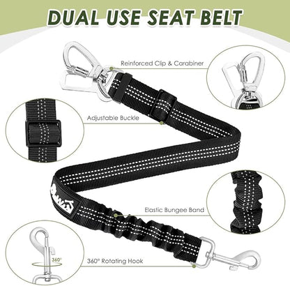 SlowTon Dog Seat Belt Harness for Car, Dog Car Harness Adjustable Mesh Breathable &amp; Dog Seatbelt Safety Tether with Elastic Bungee for Small Medium Large Pets(Black, Double Clip, L)